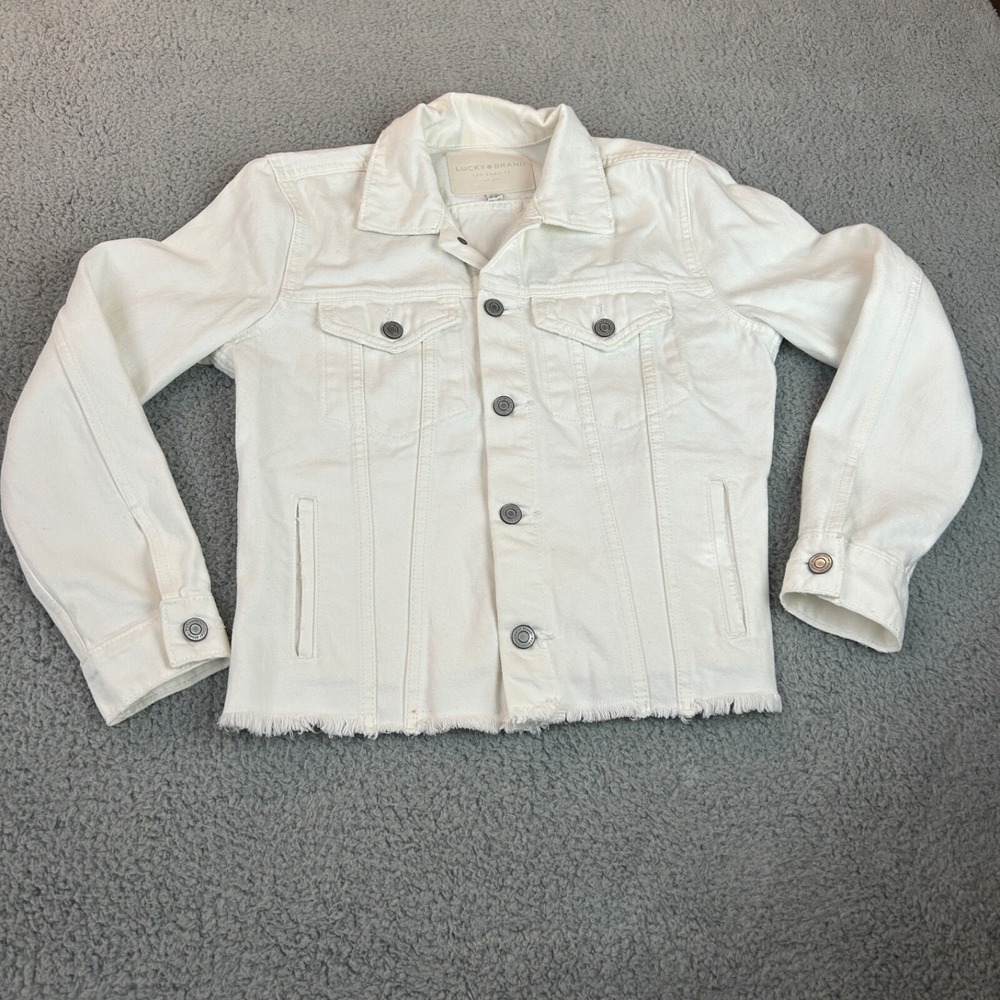 Lucky Brand Jacket Women Small Petite White The Tomboy Trucker Fringe Hem - Picture 16 of 16